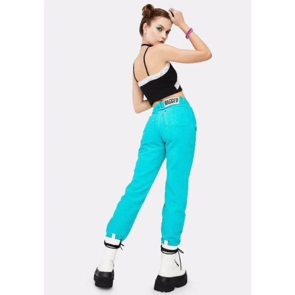 Free People X Ragged Priest jumbo Corduroy‎ Dad Jeans TURQUOISE size 24 - Picture 1 of 13